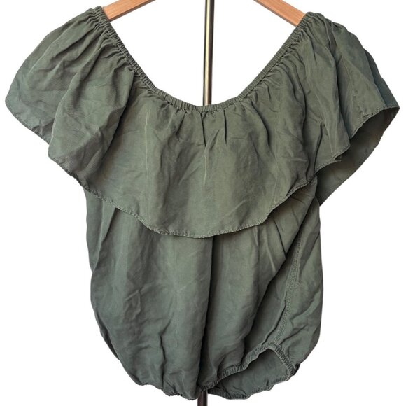 Unsubscribed Off-Shoulder Ruffle Blouse Olive Green Size XS - Picture 5 of 6